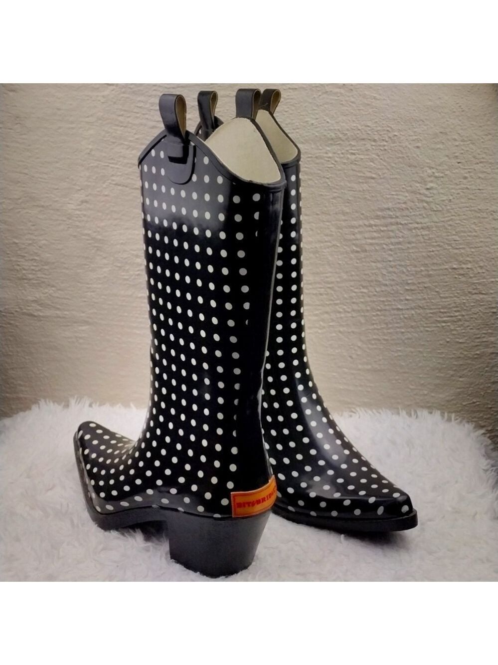 Bit & Bridle Black White Polka Dot Pointed Toe Heeled Western Style Rain Boot - Picture 16 of 16